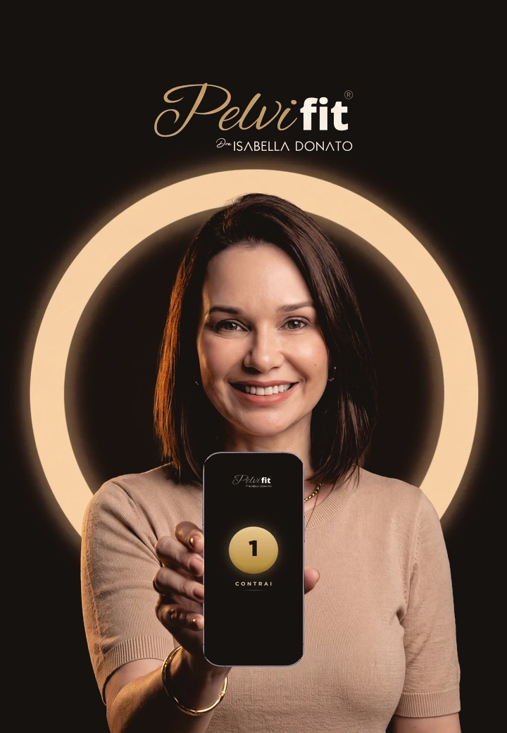 Dra. Isabella Donato com o PelviFIT aberto no celular